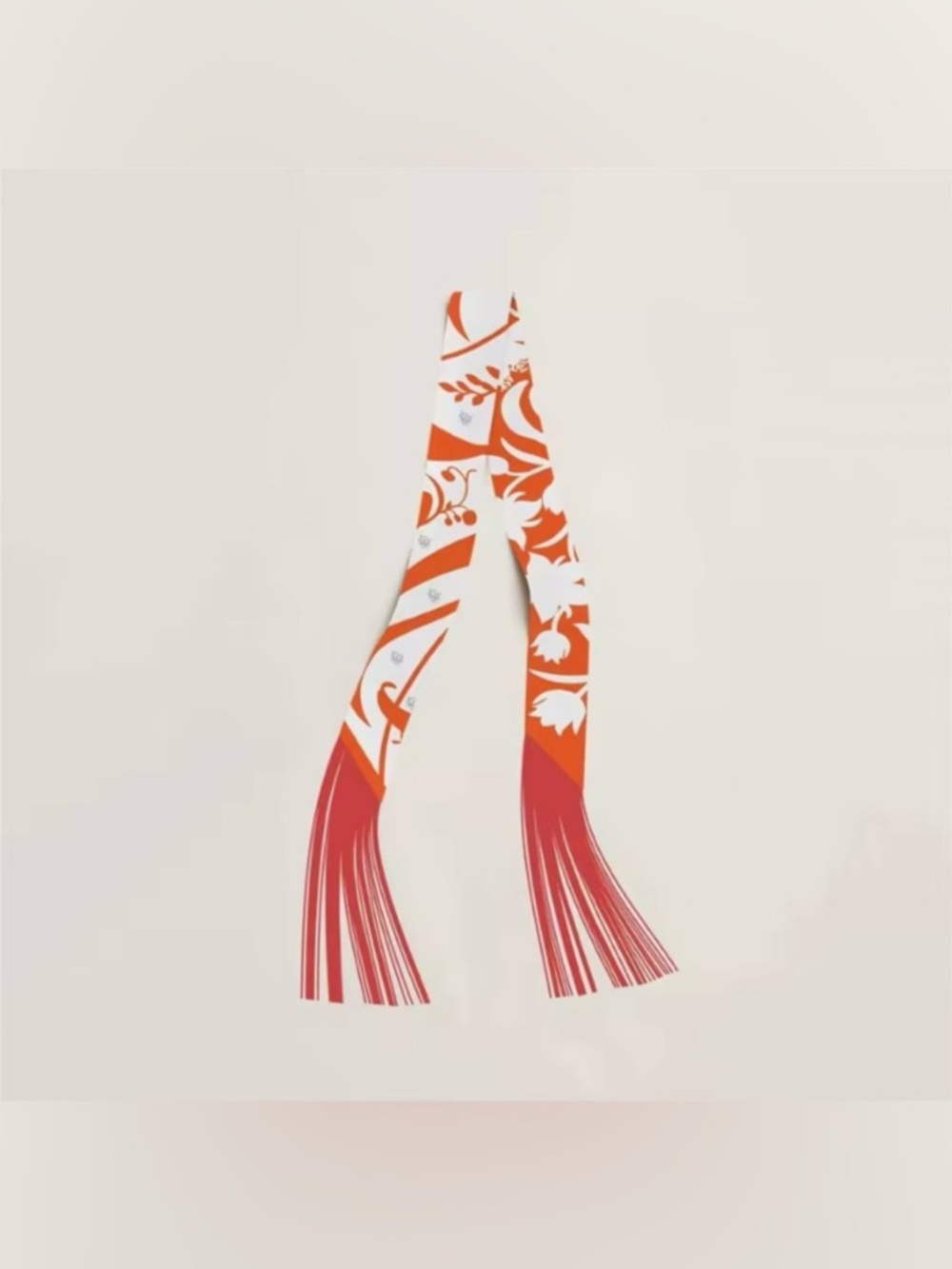 ⭐️HERMES Orange White Fringe Red ❤️Festival Twilly🎉Scarf🧣Purse Detail Tie Charm